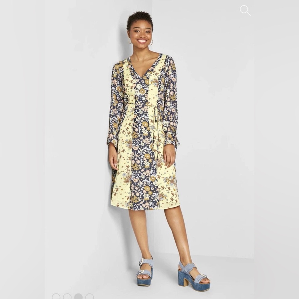 ModCloth Floral Patchwork Wrap Midi Dress Size 14 Boho Cottagecore Retro